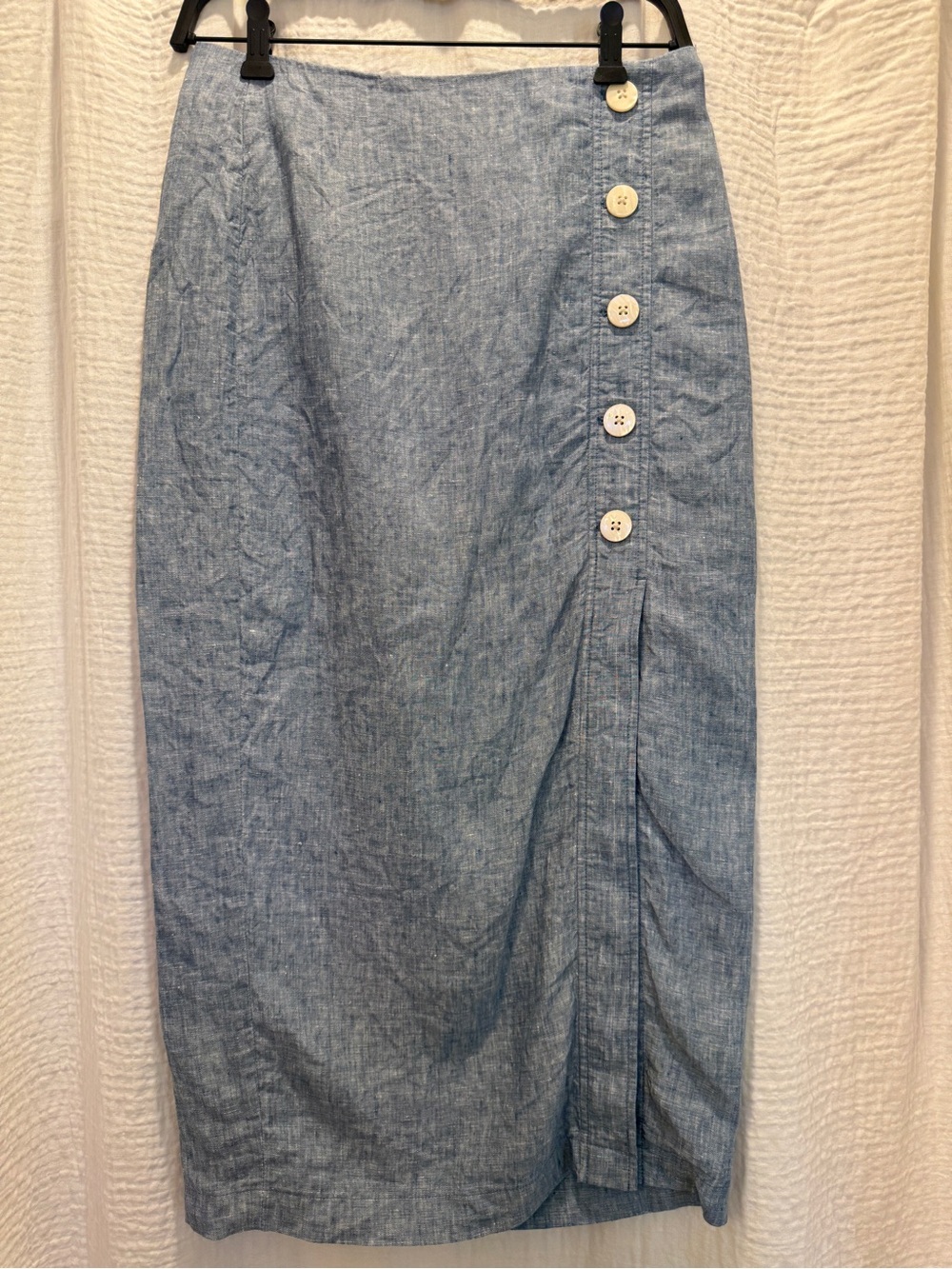 LOFT 100% Linen Chambray Blue Button-Front Midi Skirt - Size 2